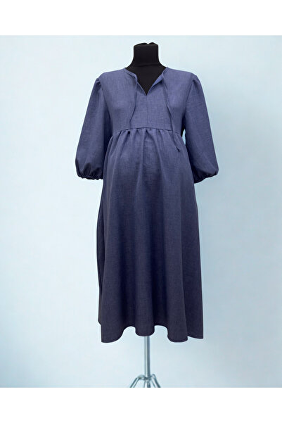 Mamara Hamile ve Emzirme Özellikli Midi Elbise – 3/4 Kollu, İndigo Keten