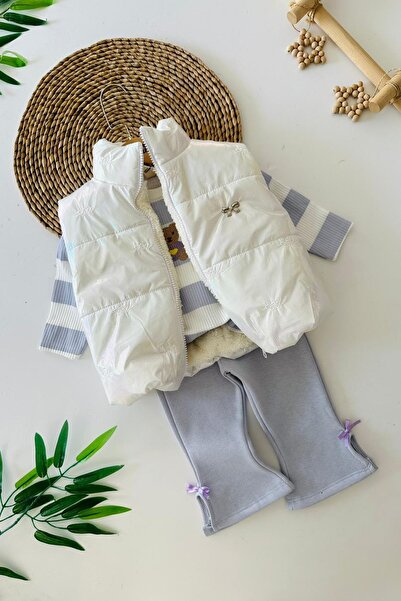 Minigimin Cicileri My Little One's Little Ones Inflatable with Bow Detail Vest Set Teddy Bear Patterned Baby Girl Set of 3 - Lilac