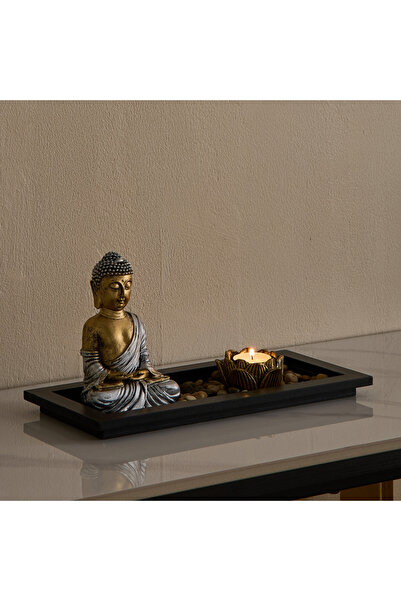 Home Box تمثال بوذا من مادة البولي ريزين من أوروم ديفاين جلاسير مع صينية شموع...