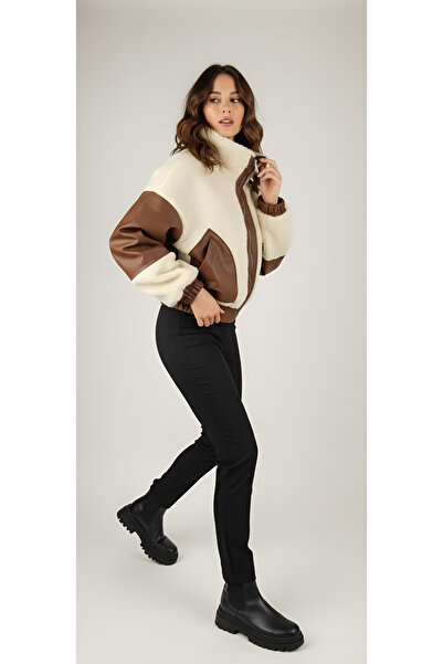 MODA معطف فرو مزين بالجلد