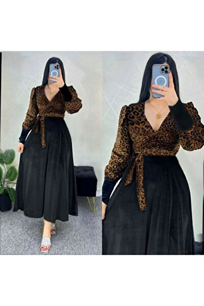 CİXAPLE Leopar Parçalı V Yaka Kadife Elbise