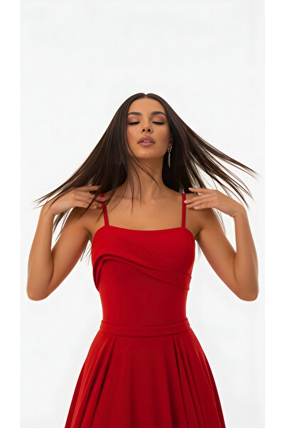 Lovely Dress Askılı Drapeli Uzun Abiye Elbise