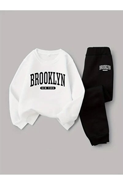 buendiakids Erkek Çocuk Beyaz-Siyah Brooklyn NewYork Baskılı Kapşonlu Eşofman...