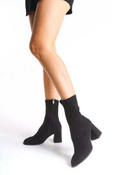 Ayakkabı Delisiyim Kadın Bot Streç Siyah Kalın Topuklu İçten Fermuarlı Agnes