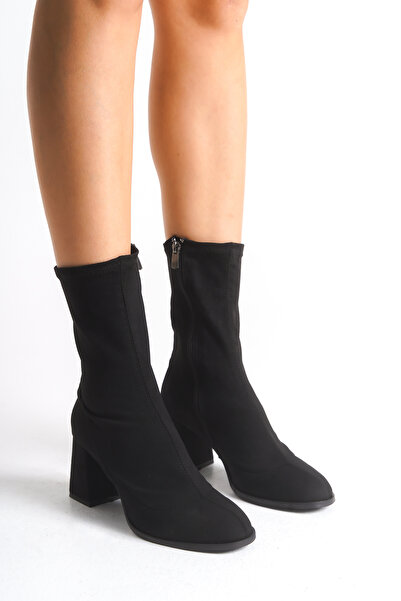 Ayakkabı Delisiyim Kadın Bot Streç Siyah Kalın Topuklu İçten Fermuarlı Agnes
