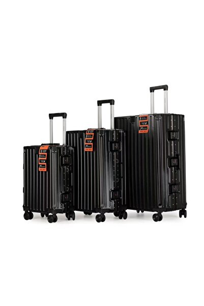 Prosperity High-End Travel Suitcase Aluminum Alloy Luggage with Four Universal Wheels - Black Set