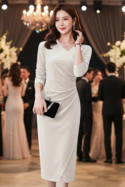 Mossta διπλό πέτο Φόρεμα με κορδόνι με λαιμόκοψη - Μίντι βελούδο - Μπεζ