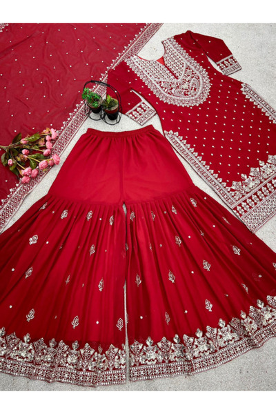 MYSMAR Red Heavy Faux Georgette Salwar Kameez & Dupatta - HRT1954 | Red