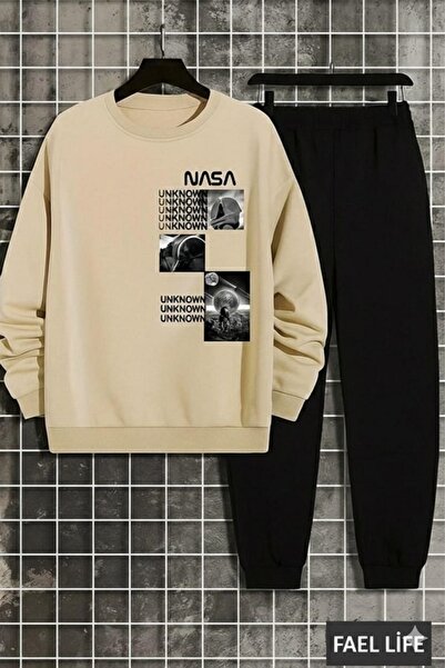 FAEL LİFE طقم ملابس رياضية للجنسين بتصميم ناسا، قطعة علوية وسفلية بقصة واسعة
