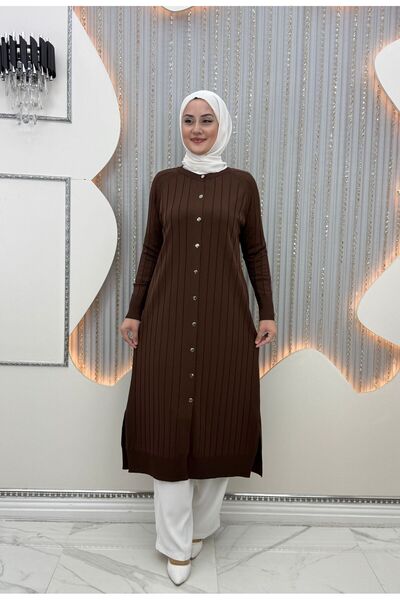 QUAWEAR Crew Neck Side Slits Cold Thread Stretchy Mercerized Fabric Cardigan