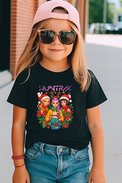 lovver Tricou negru pentru copii KPOP Huntrix cu design de Crăciun Rumi, Zoey...