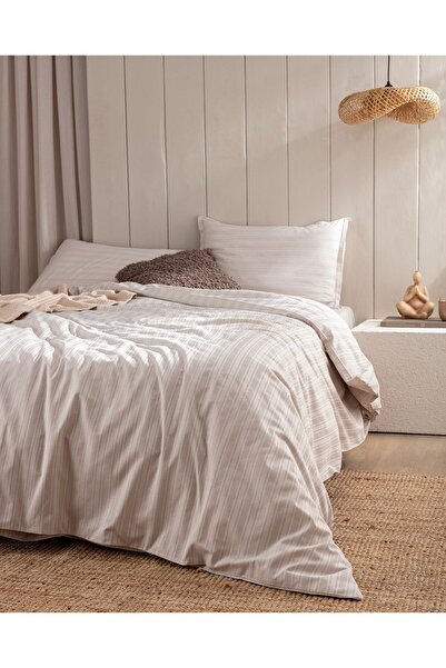 Madame Coco Atlas Home Melicia Çift Kişilik Pamuklu Çizgili Saten Nevresim Takımı - Bej
