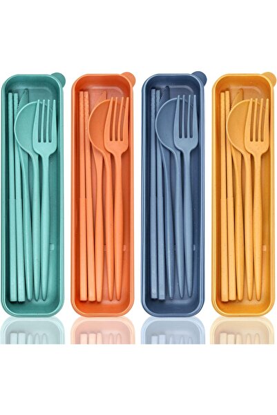 SWIUKPHE 4 مجموعات من أدوات السفر القابلة لإعادة الاستخدام مع حقيبة أدوات مائدة من قش القمح لعلبة الغداء والتخييم وعيدان تناول الطعام