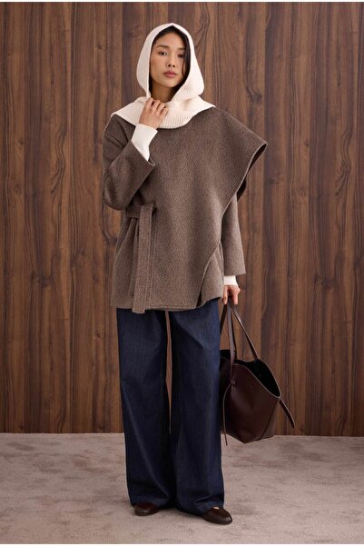 HEQA Palton cu guler șal cu curea maro