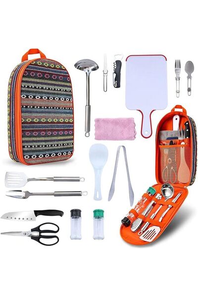 SKADE مجموعة أدوات طهي محمولة للتخييم من 16 قطعة من أدوات الشواء المصنوعة من الفولاذ المقاوم للصدأ مع حقيبة