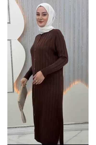 QUAWEAR Crew Neck Side Slits Cold Thread Stretchy Mercerized Fabric Cardigan