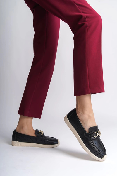 Joy Ayakkabı Layla laceless orthopedic comfortable sole heart patterned women's flat shoes ckt - black