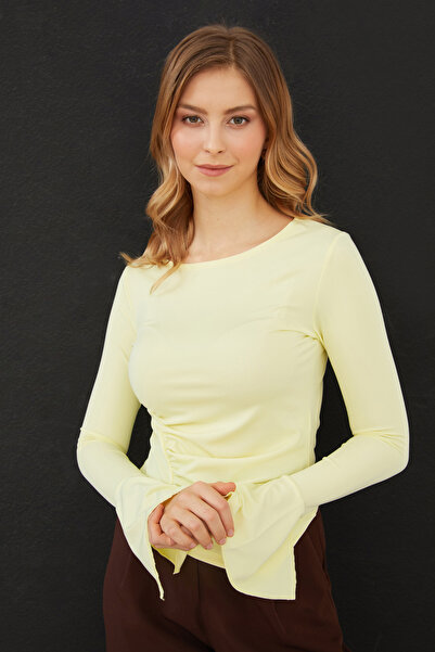 Fulla Moda Draped Boat Neck Blouse with Slit Detail on the Sleeves