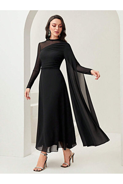 JANES Γυναικείο μακρυμάνικο φόρεμα από τούλι με λεπτομέρεια με μισό ζιβάγκο Sandy μακρύ βραδινό φόρεμα–Ειδική περίσταση, Φόρεμα για προσκλητήριο γάμου