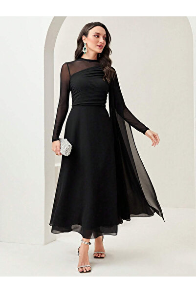 JANES Γυναικείο μακρυμάνικο φόρεμα από τούλι με λεπτομέρεια με μισό ζιβάγκο Sandy μακρύ βραδινό φόρεμα–Ειδική περίσταση, Φόρεμα για προσκλητήριο γάμου