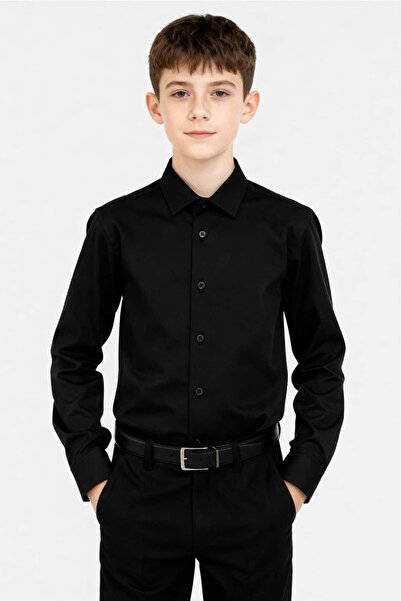 SIRRI Cămașă neagră clasică pentru băiat cu guler plat