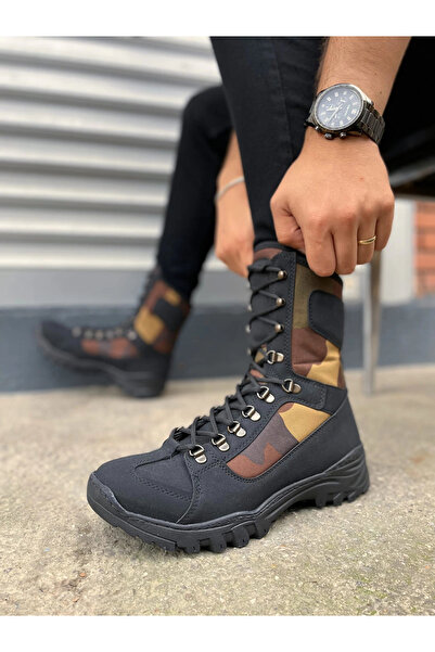 Joy Ayakkabı JY999 Strike Bağcıklı Ortopedik Taban Günlük Cilt Erkek Askeri Postal Bot CST Siyah/Haki