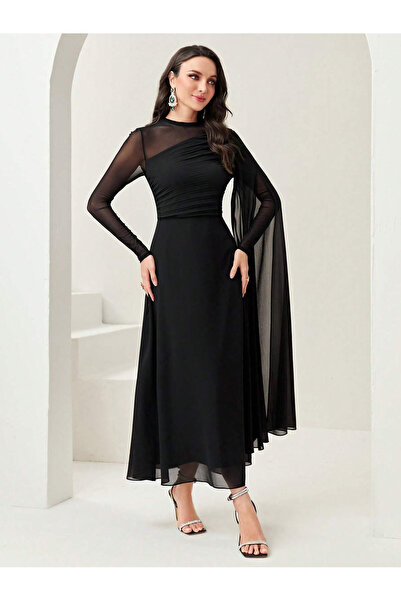 JANES Γυναικείο μακρυμάνικο φόρεμα από τούλι με λεπτομέρεια με μισό ζιβάγκο Sandy μακρύ βραδινό φόρεμα–Ειδική περίσταση, Φόρεμα για προσκλητήριο γάμου