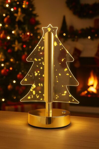 hediyeofisi Christmas Themed Pine Tree Lighted Lampshade – Warm Light, Gold Detailed Table Lamp