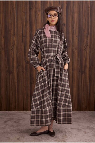 HEQA Flounce Plaid Dress Brown