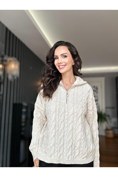 Atelier Derin Ecru Zippered Hair Knit Sweater
