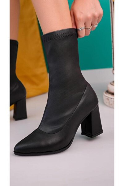 markomix Kadın Siyah Cilt Cooper Kalın Topuklu Streç Bot