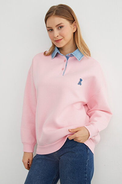 Fulla Moda 3 Thread Teddy Bear Embroidered Polo Neck Denim Detailed Sweatshirt