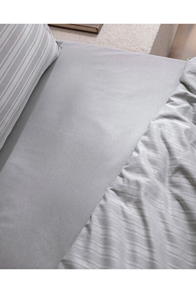 Madame Coco Atlas Home Melicia Double Cotton Striped Satin Duvet Cover Set - Gray