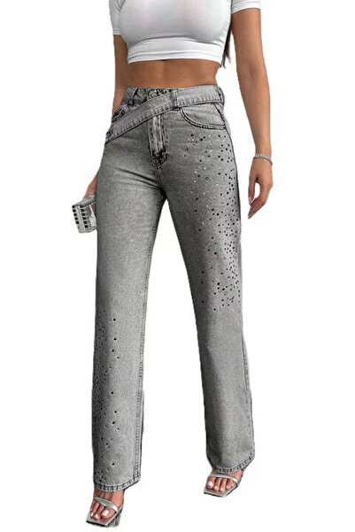 StreetWear Outlet Women's Jeans, Decorated with Rhinestones and Oblique Closure