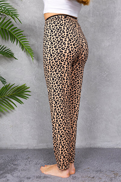 GİYSA Women's Elastic Waist Patterned Pajama Bottoms Leopard - 4539
