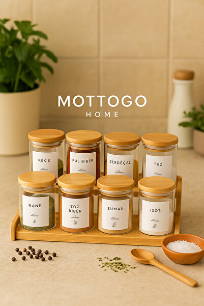Mottogo 8-Piece Vacuum Spice Container Set 200 ml – Bamboo 2-Tier Ladder Stand Included