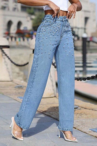 StreetWear Outlet Women's Mom-Fit Jeans with Diamond Decorations