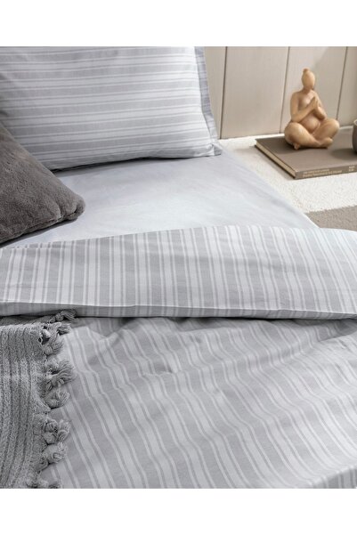 Madame Coco Atlas Home Melicia Double Cotton Striped Satin Duvet Cover Set - Gray