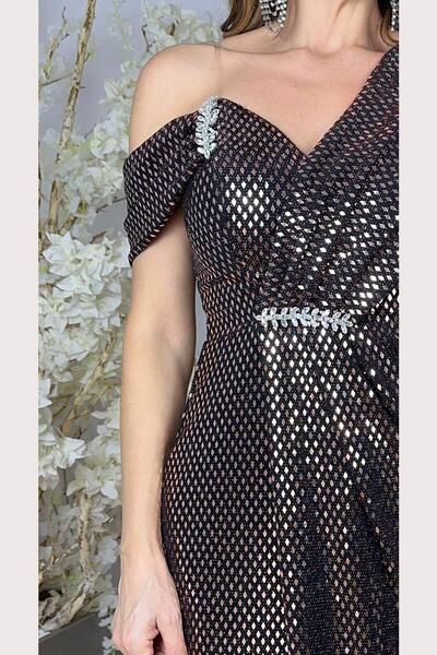 gesmoda G1639 One Shoulder Stone Detailed Evening Dress Bronze