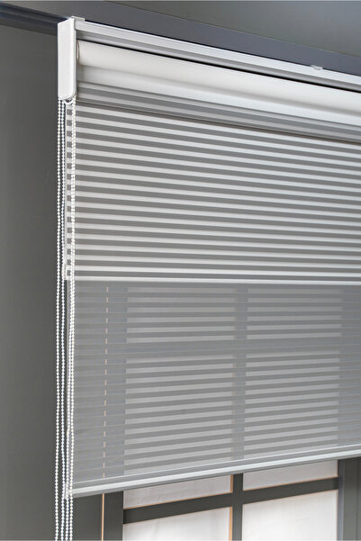 bizdenperde Çift Mekanizmalı Gri Jaluzi Görünümlü Tül Ve Stor Güneşlik Perdeler