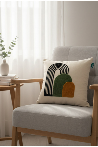 Rolivs Modern Geometrik Punch Kırlent – Yeşil Hardal Siyah Dekoratif Yastık 47x47 (NK2611)