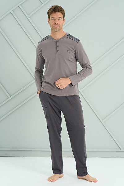 REMSA Plus Size Men's Interlock Combed Cotton Long Sleeve Pajama Set 2203 Gray