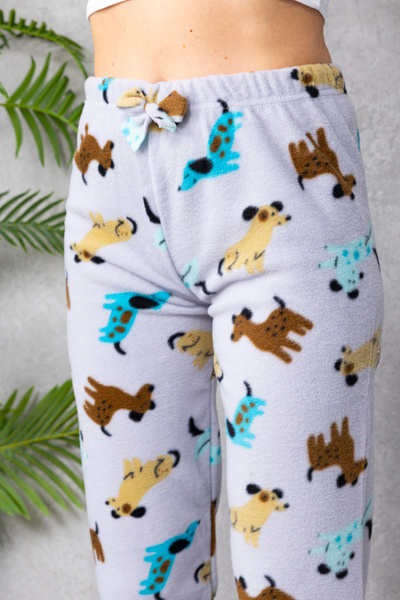 GİYSA Women's Elastic Waist Dog Patterned Fleece Pajama Bottoms Gray - 2068
