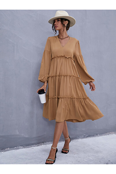 FridayIn Casual V-neck Solid color Ruffle Lantern sleeve Mid Dresses
