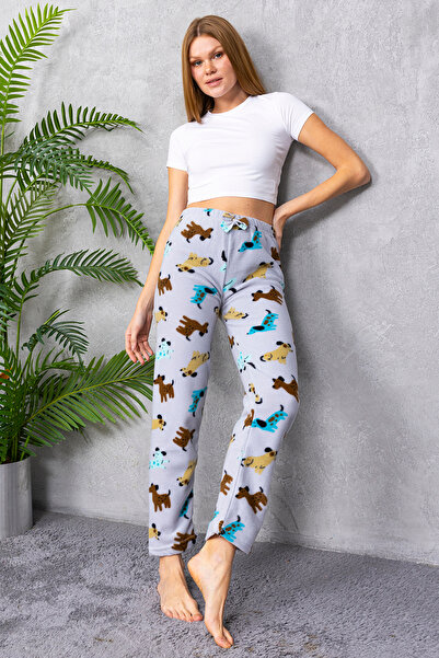 GİYSA Women's Elastic Waist Dog Patterned Fleece Pajama Bottoms Gray - 2068