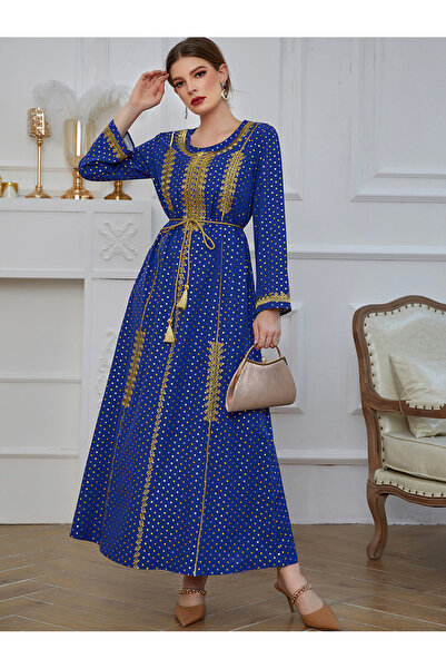 FridayIn فستان طويل أنيق برقبة دائرية ولون سادة ونقاط مطرزة وأشرطة وأكمام عادية