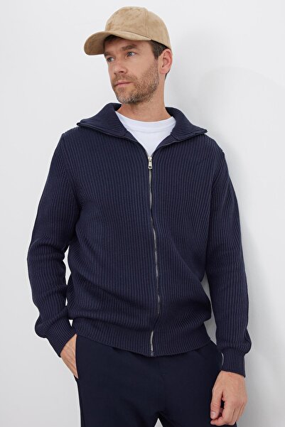 Tudors Men's Slim Fit Mock Neck Zippered Navy Blue Plain Cardigan