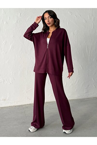 BEJNA Women's Zippered Soft Modal Textured Top and Bottom Set