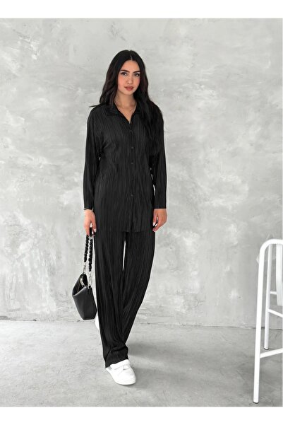 verabelle Women's Pleated Satin Fabric Pantalon Shirt Set