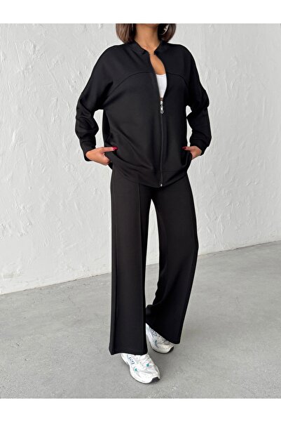 BEJNA Women's Zippered Soft Modal Textured Top and Bottom Set